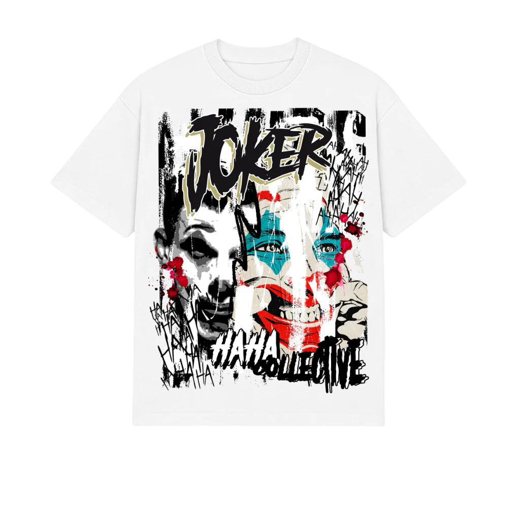 White t-shirt with colorful graphic design featuring a face and the word 'Joker' on a white background.