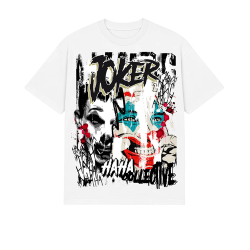 White t-shirt with colorful graphic design featuring a face and the word 'Joker' on a white background.